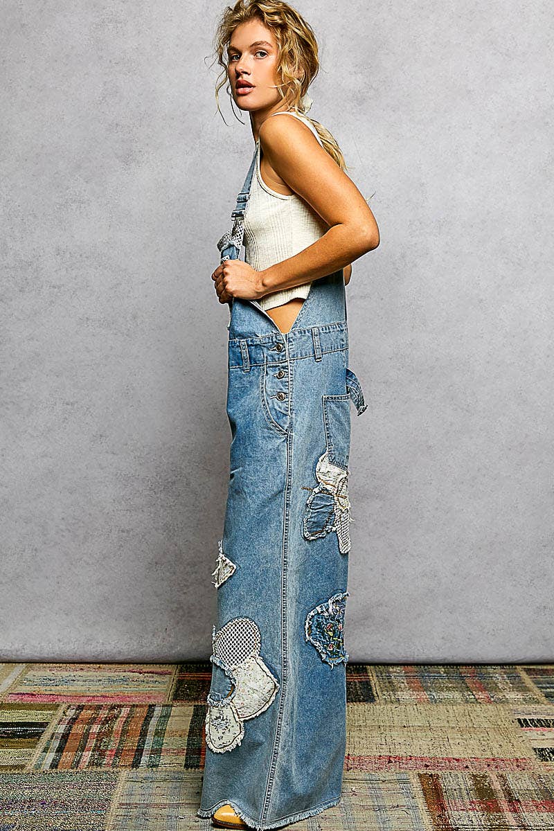 Embroidery Floral Patchwork Buckle Back Woven Denim Overalls / Romper / Pants : DENIM MULTI