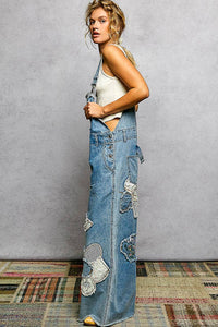 Embroidery Floral Patchwork Buckle Back Woven Denim Overalls / Romper / Pants : DENIM MULTI