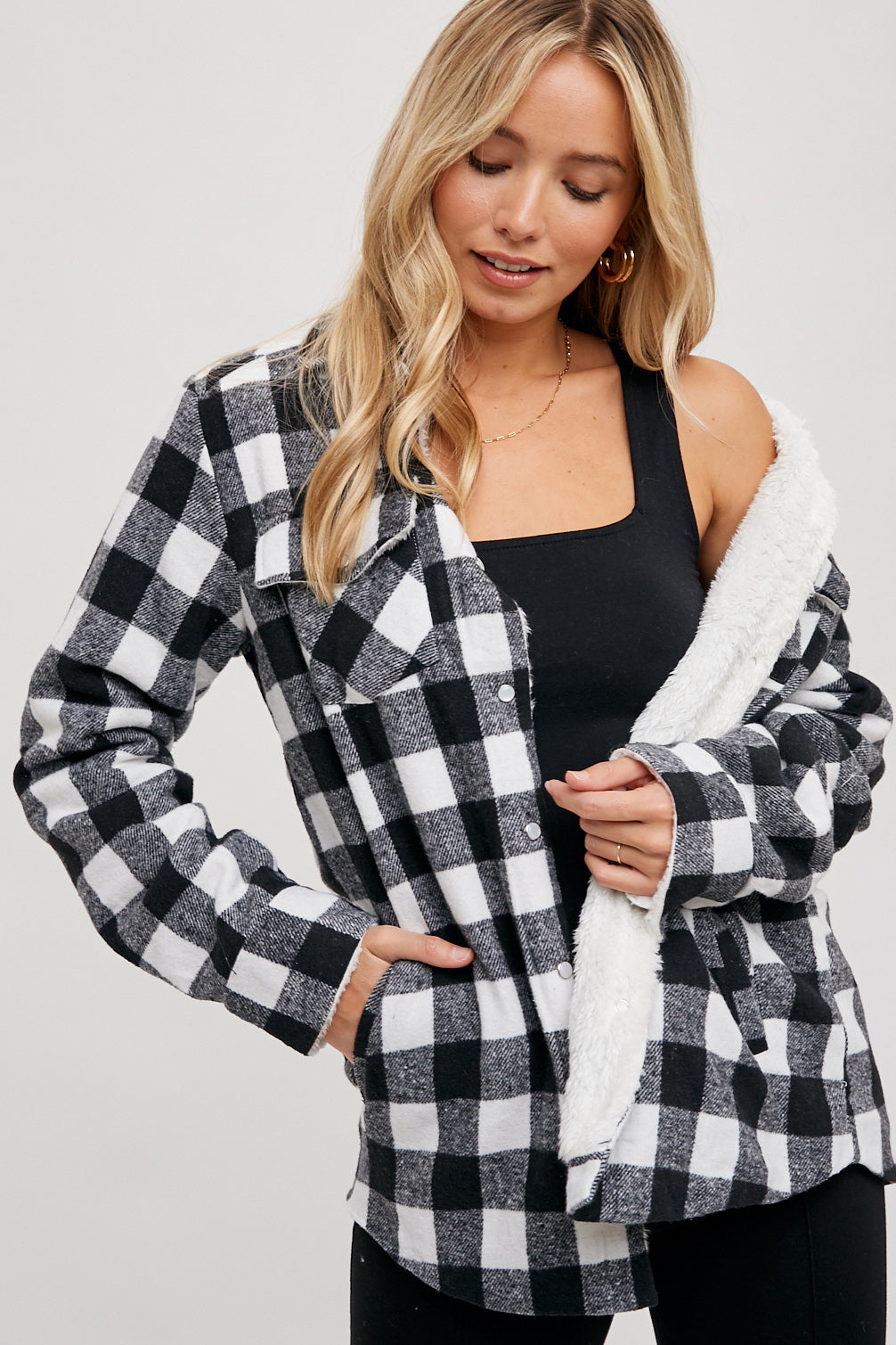 Buffalo Plaid Black and White flannel jacket with sherpa lining