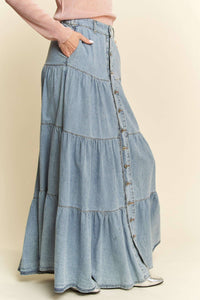 DENIM BUTTON FRONT RUFFLE HEM DENIM MAXI SKIRT: Denim