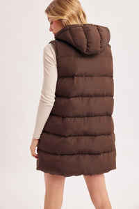 HOODED ZIPPER DOWN LONGLINE PUFFER VEST