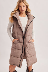 DETACHABLE HOOD ZIPPER LONGLINE QUILTED PUFFER VEST