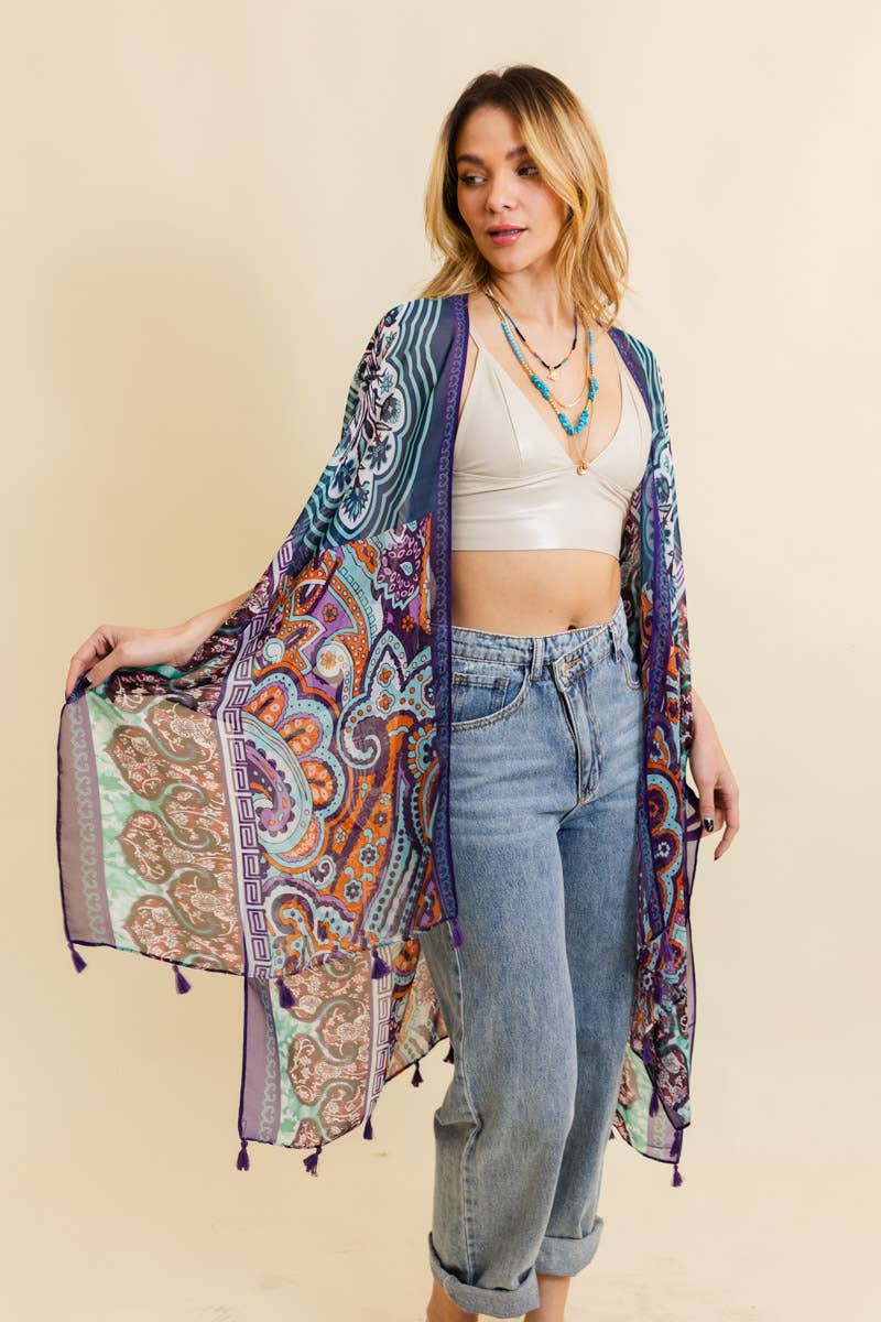 Paisley Print Open Front Kimono w/ Cinched Arms: Teal