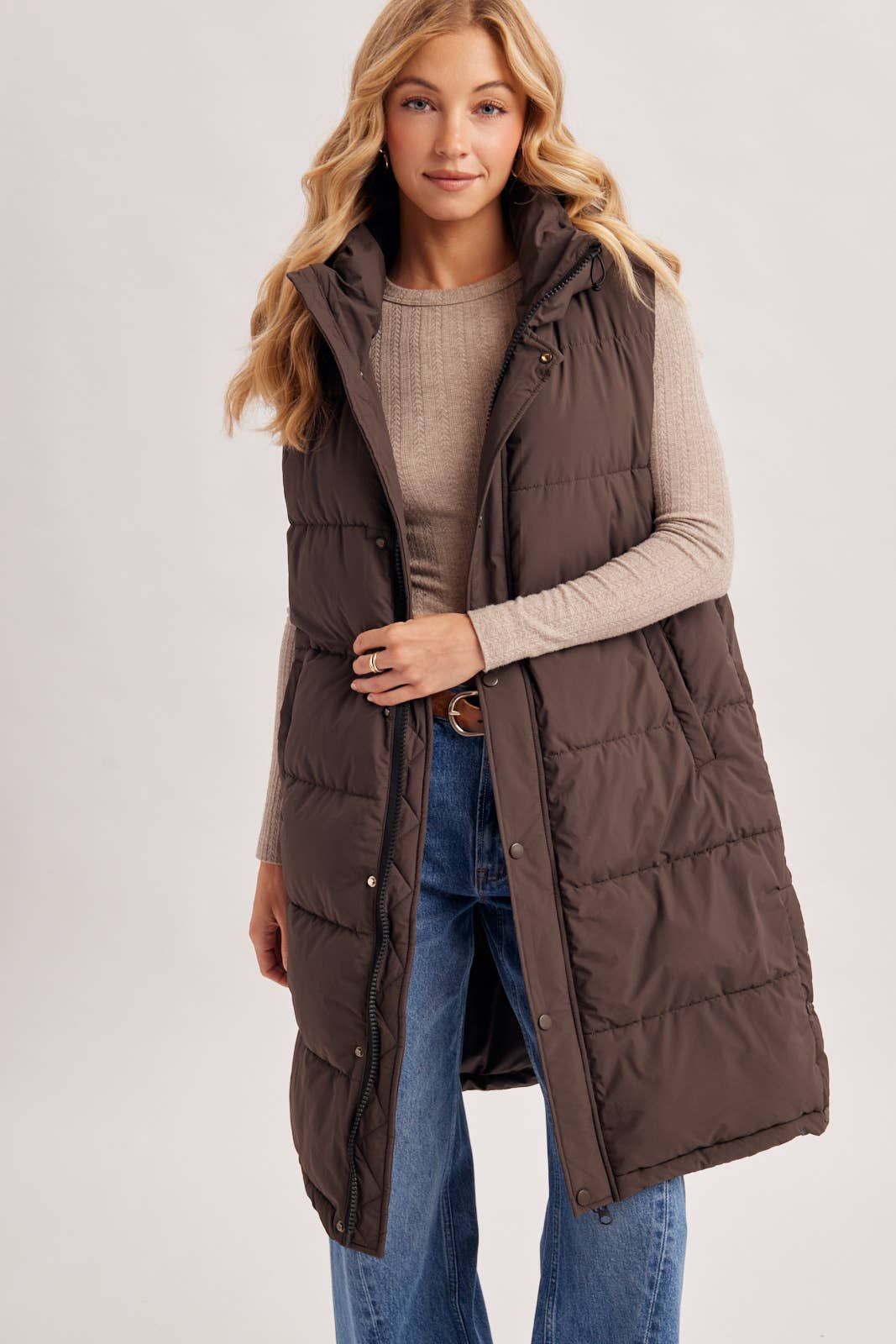 DETACHABLE HOOD ZIPPER LONGLINE QUILTED PUFFER VEST JACKET : ASH BROWN