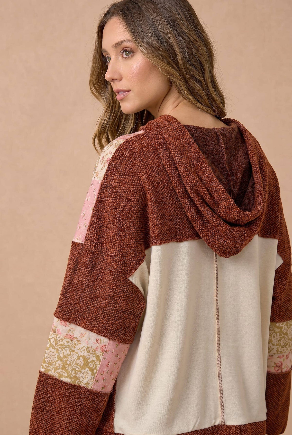 Floral Patchwork Mixed Knit Hoodie Jacket: OATMEAL/RUST