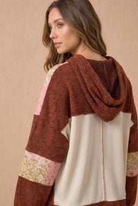 Floral Patchwork Mixed Knit Hoodie Jacket: OATMEAL/RUST