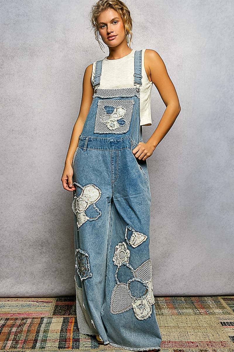Embroidery Floral Patchwork Buckle Back Woven Denim Overalls / Romper / Pants : DENIM MULTI