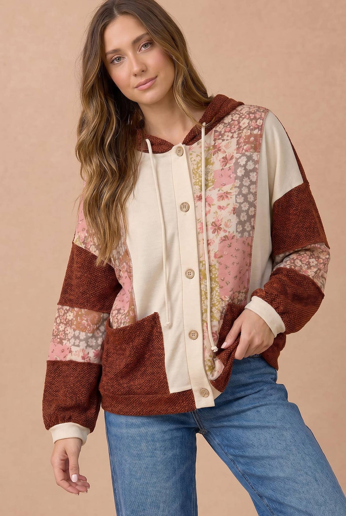 Floral Patchwork Mixed Knit Hoodie Jacket: OATMEAL/RUST