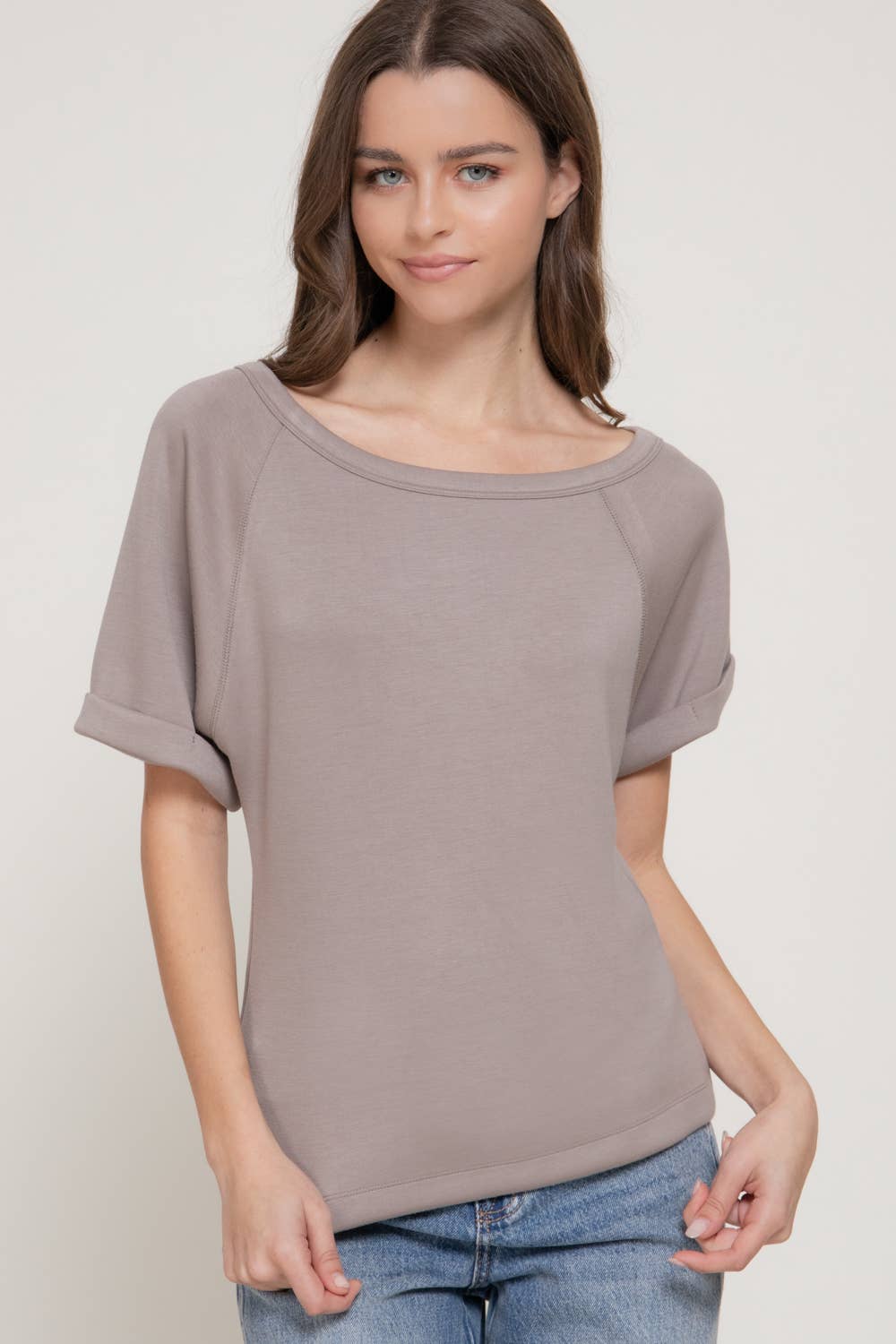 Elbow Sleeve Off The Shoulder Soft Modal Scuba  Blouse : taupe