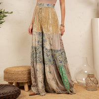 **Pre-Order: Will arrive August** Boho Tiered Patchwork Flare Pants Velvet Drawstring Waist