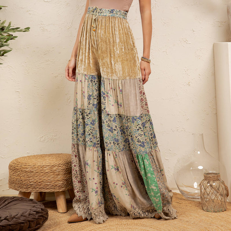 **Pre-Order: Will arrive August** Boho Tiered Patchwork Flare Pants Velvet Drawstring Waist
