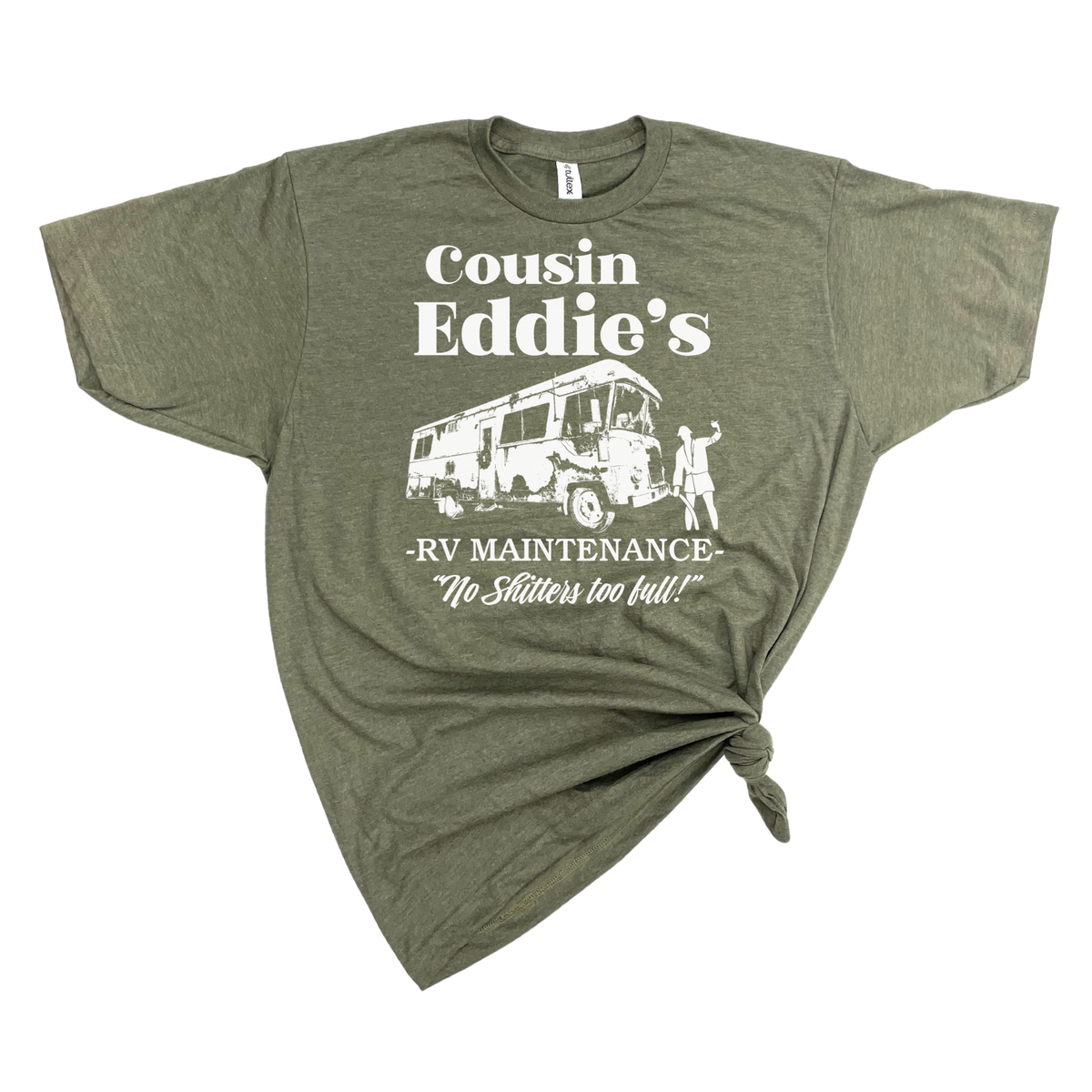 COUSIN EDDIE'S RV MAINTENANCE CHRISTMAS GRAPHIC T-SHIRT: Heather olive wht ink