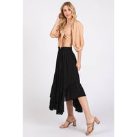 HANDKERCHIEF HEM ELASTIC WAIST POCKET MIDI SKIRT: BLACK