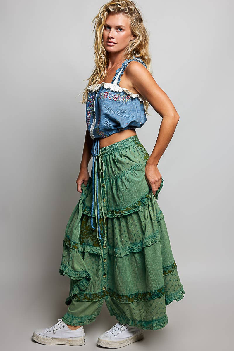 Boho Tie Waistband Patchwork Tiered Ruffle Maxi Skirt: OLIVE