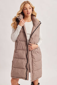 DETACHABLE HOOD ZIPPER LONGLINE QUILTED PUFFER VEST