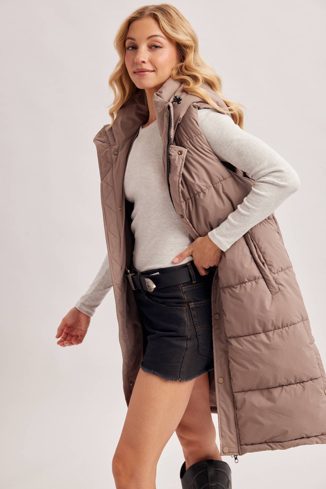 DETACHABLE HOOD ZIPPER LONGLINE QUILTED PUFFER VEST