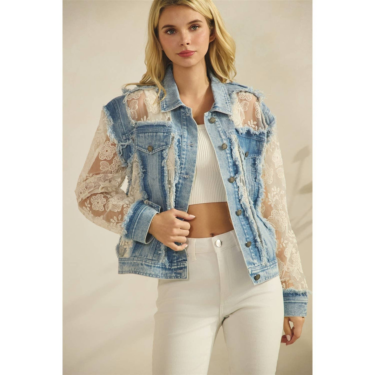 Denim Jacket with Floral Organza Inset: Med Wash