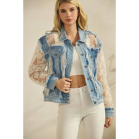 Denim Jacket with Floral Organza Inset: Med Wash