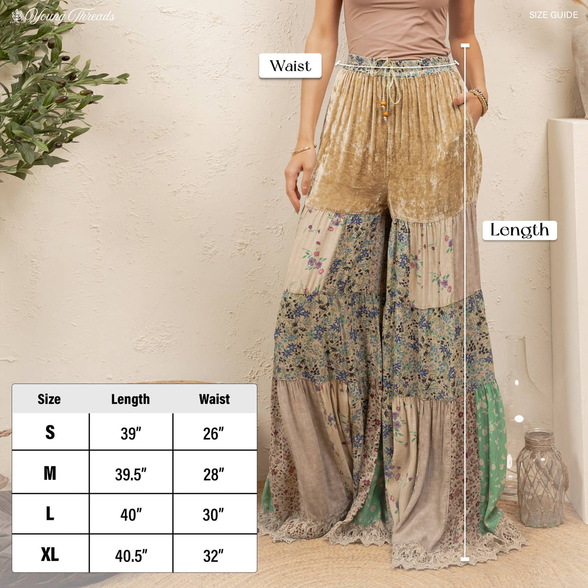 **Pre-Order: Will arrive August** Boho Tiered Patchwork Flare Pants Velvet Drawstring Waist