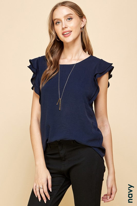 Ruffle cap sleeve blouse in navy