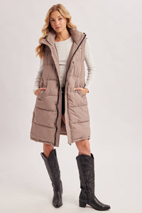 DETACHABLE HOOD ZIPPER LONGLINE QUILTED PUFFER VEST
