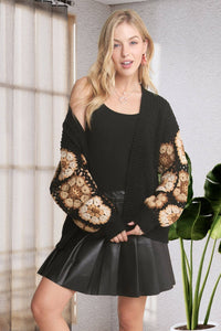 CROCHET SLEEVE SWEATER CARDIGAN: BLACK
