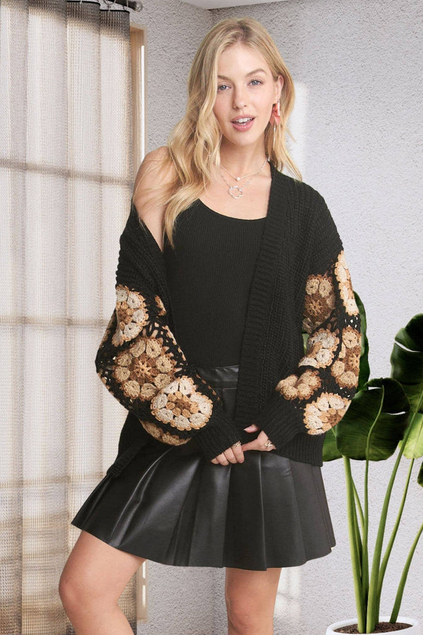CROCHET SLEEVE SWEATER CARDIGAN: BLACK