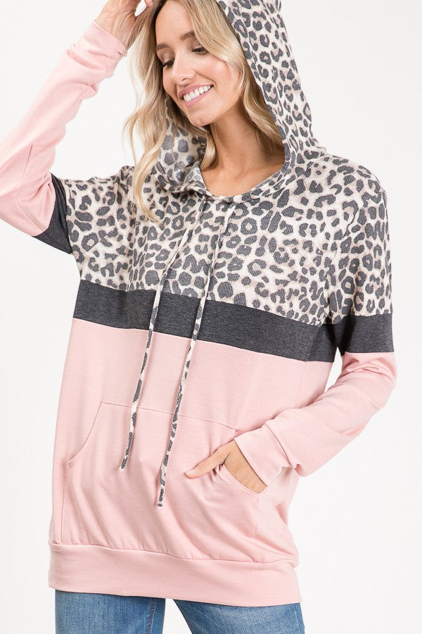 Leopard Color Block Long Sleeve Hoody in Blush * on sale