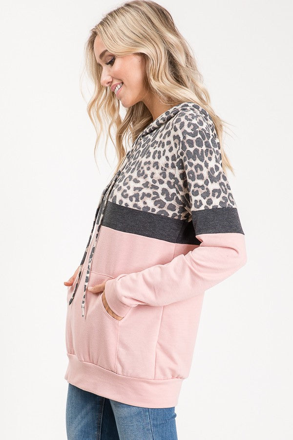 Leopard Color Block Long Sleeve Hoody in Blush * on sale