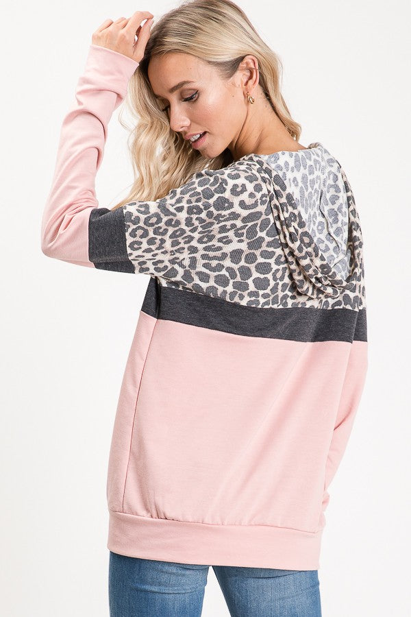 Leopard Color Block Long Sleeve Hoody in Blush
