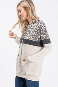 Leopard Color Block Long Sleeve Hoody in Oatmeal * on sale *