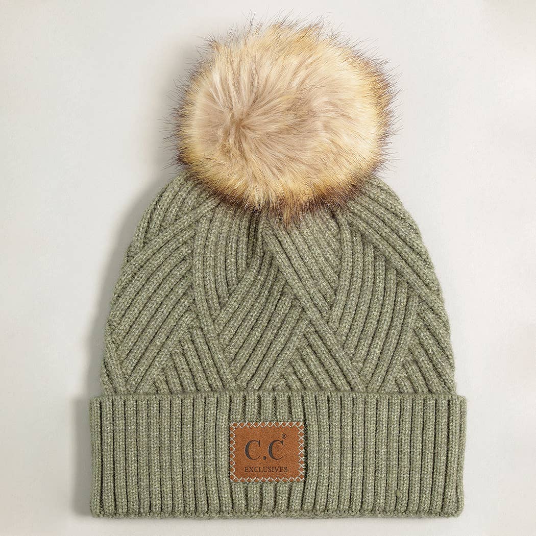 Heather Cuff Beanie with Pom-Pom: SAGE MIX
