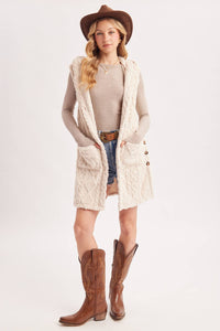 BOUCLE CABLE KNIT SWEATER HOODED VEST: ECRU