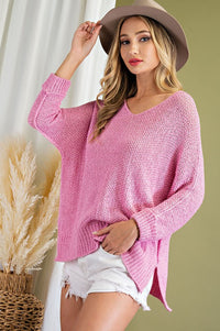 Sheer Long Sleeve Loose Knit Blouse Pink