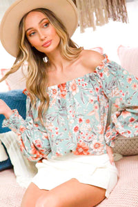 Off The Shoulder Floral Stripe Printed Woven Blouse : Mint