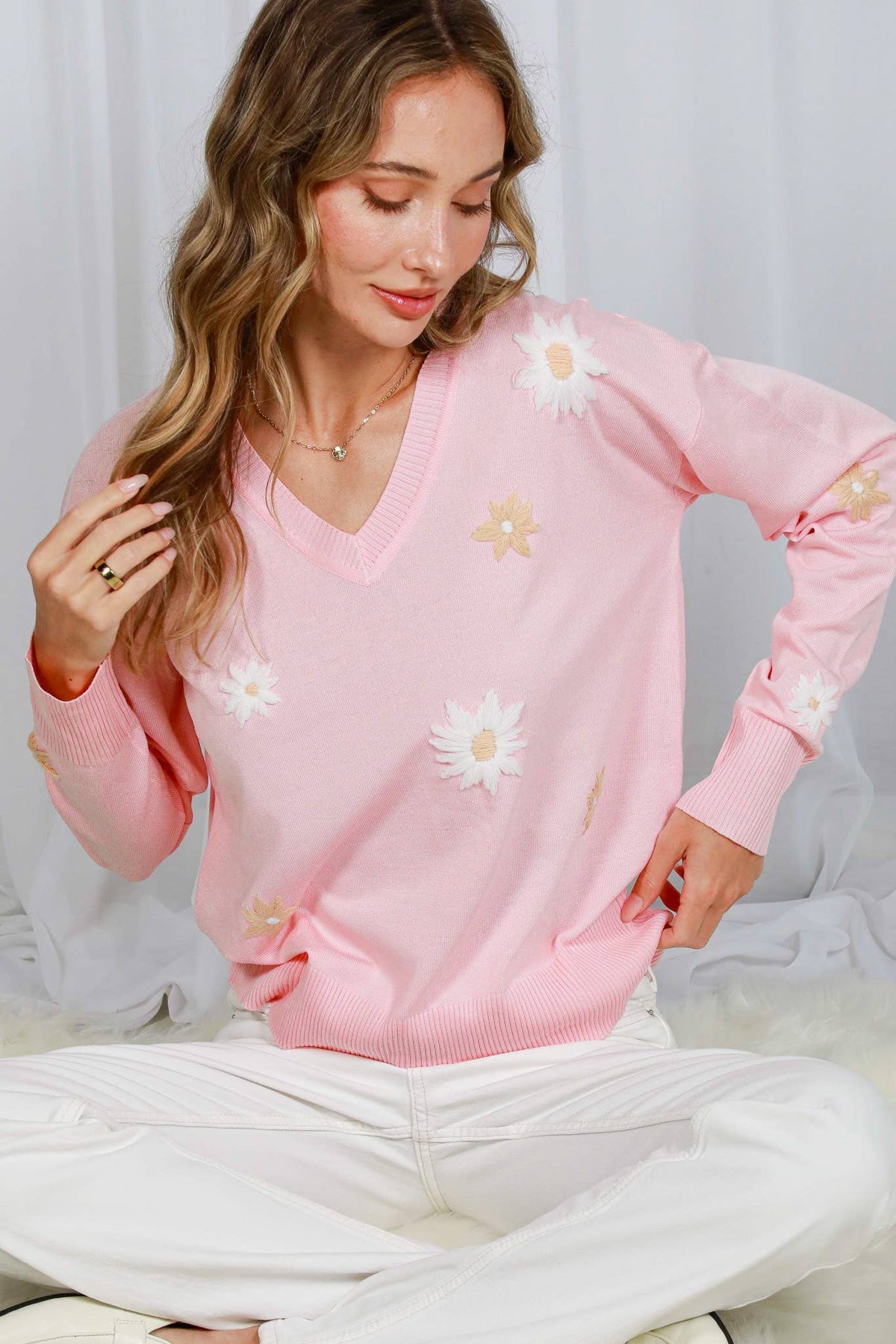 V-Neck Long-Sleeve Floral Embroidery Knitted Sweater Pink