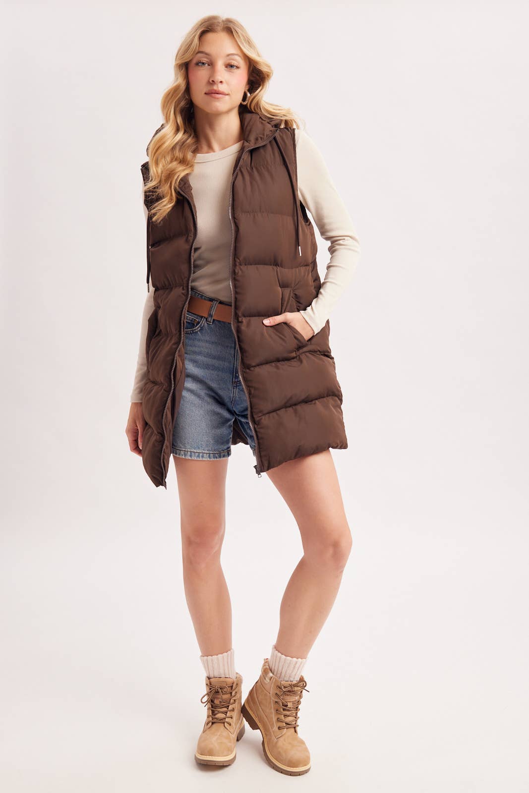 HOODED ZIPPER DOWN LONGLINE PUFFER VEST