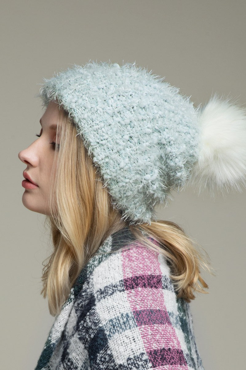 Blue Feather Knit beanie with pom