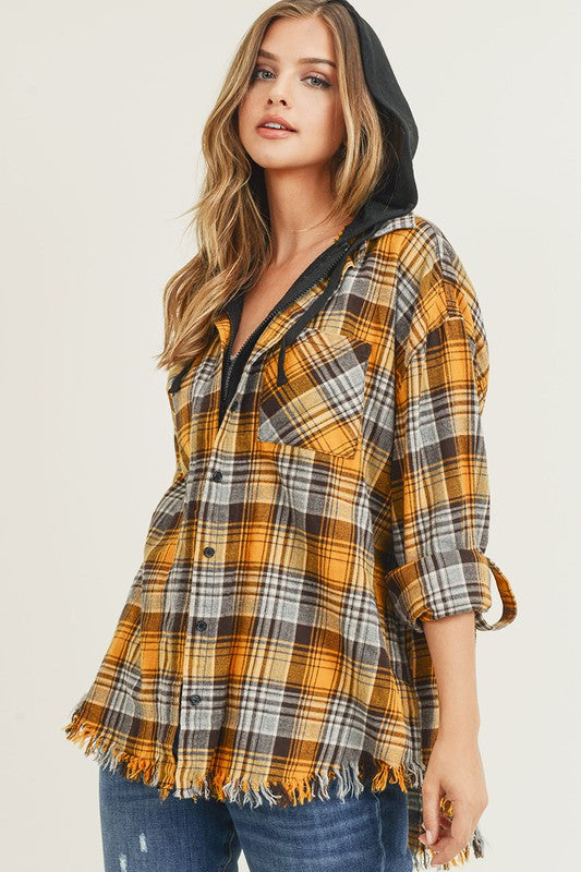 Frayed Hem Hoodie Flannel button up long sleeve with side pockets *