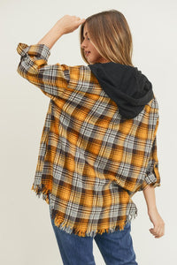 Frayed Hem Hoodie Flannel button up long sleeve with side pockets *