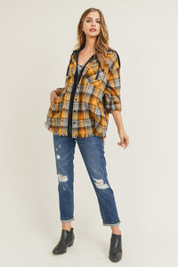 Frayed Hem Hoodie Flannel button up long sleeve with side pockets *