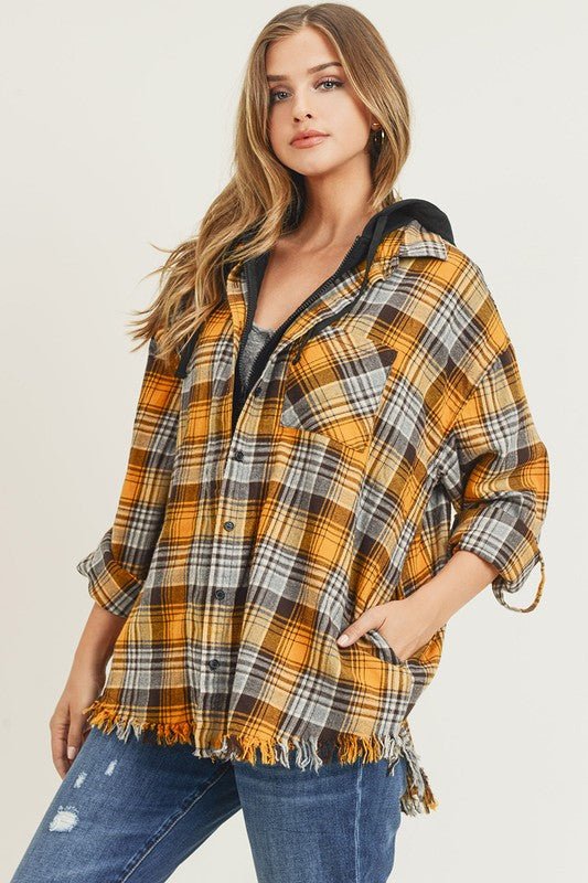 Frayed Hem Hoodie Flannel button up long sleeve with side pockets *