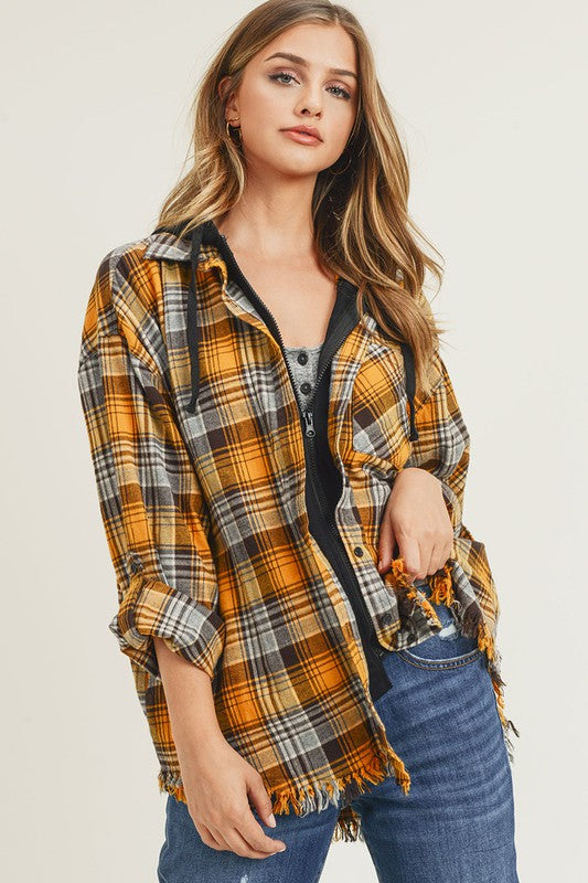 Frayed Hem Hoodie Flannel button up long sleeve with side pockets *