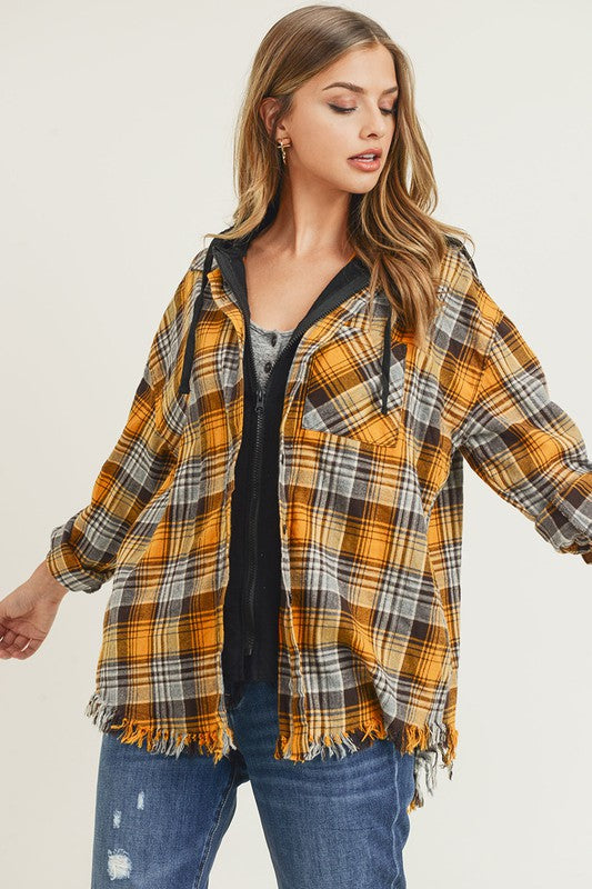 Frayed Hem Hoodie Flannel button up long sleeve with side pockets *