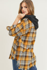 Frayed Hem Hoodie Flannel button up long sleeve with side pockets *