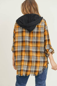 Frayed Hem Hoodie Flannel button up long sleeve with side pockets *