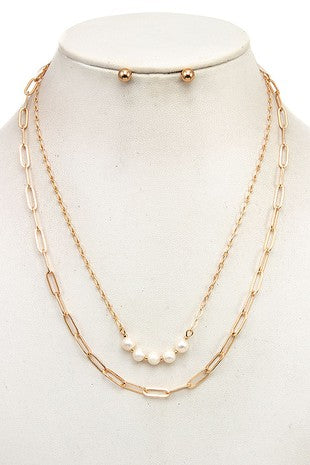 Gold link and pearl pendant layered necklace