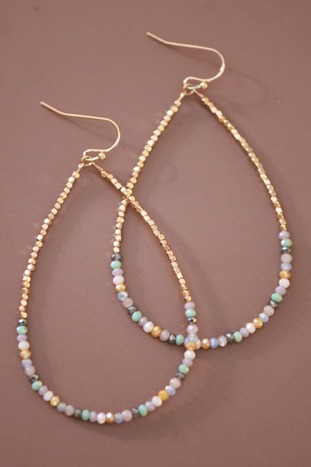 Teardrop Wire Beaded Earrings with Glass Crystals -