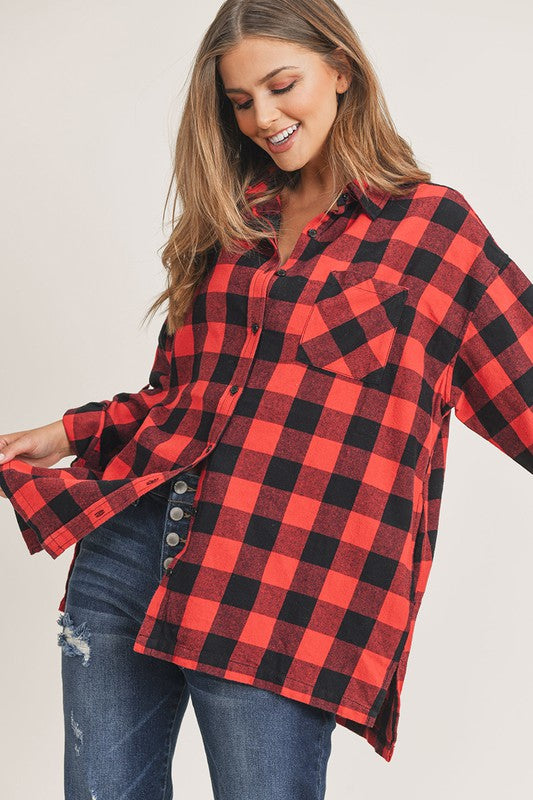 Red and Black flannel button up long sleeve with side pockets