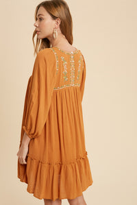 Boho Embroidered Marigold Maxi Dress